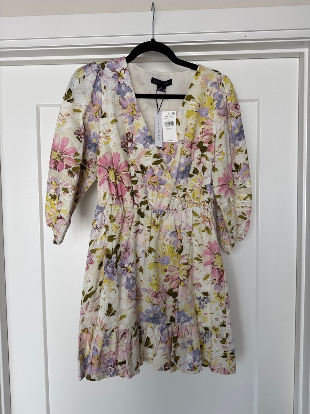 Sanctuary Floral V-Neck Dress in Pastel Yellow, Lavender, Pink and Olive